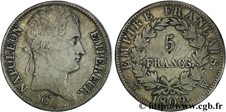 5 francs Napoléon Empereur, Empire français 1809 Lille F.307/13 TB25 