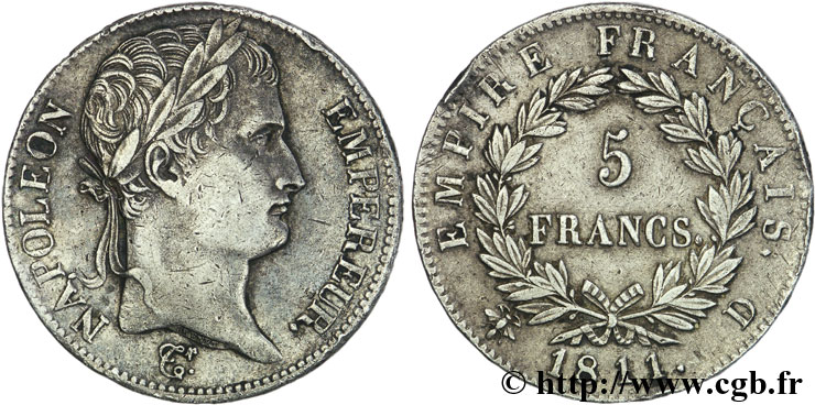 5 francs Napoléon Empereur, Empire français 1811 Lyon F.307/30 XF49 