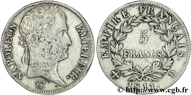 5 francs Napoléon Empereur, Empire français 1811 Lyon F.307/30 VF20 