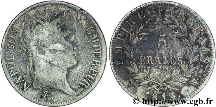 5 francs Napoléon Empereur, Empire français 1813 Lille F.307/75 B8 