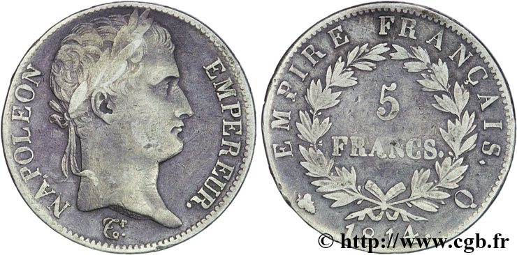 5 francs Napoléon Empereur, Empire français 1814 Perpignan F.307/84 TTB45 