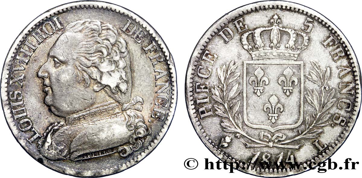 5 francs Louis XVIII, buste habillé 1814 Bayonne F.308/8 TTB53 