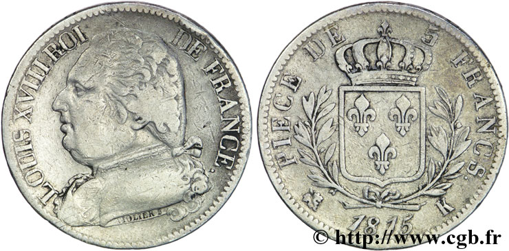 5 francs Louis XVIII, buste habillé 1815 Bordeaux F.308/22 TB20 