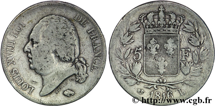 5 francs Louis XVIII, tête nue 1816 Bayonne F.309/8 MB20 
