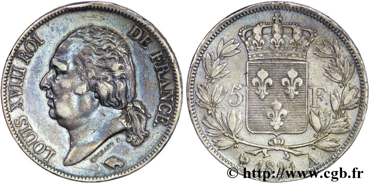 5 francs Louis XVIII, tête nue 1821 Paris F.309/60 SS48 