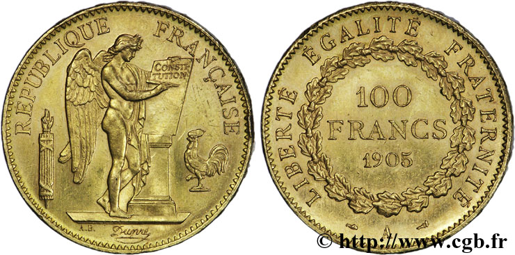 100 francs or Génie, tranche inscrite en relief Dieu protège la France 1905 Paris F.552/18 EBC57 