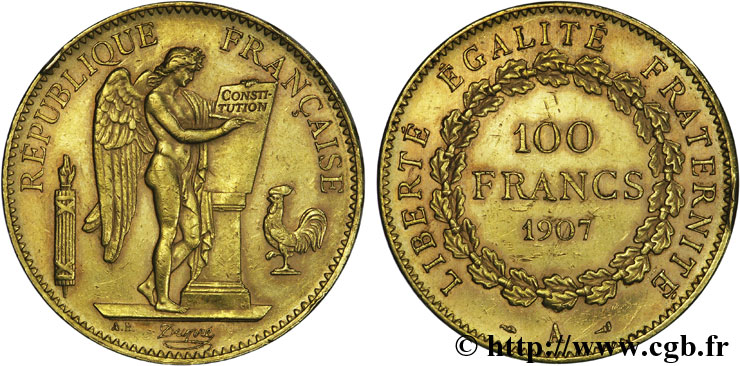 100 francs or Génie, tranche inscrite en relief Liberté Égalité Fraternité 1907 Paris F.553/1 AU50 