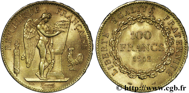 100 francs or Génie, tranche inscrite en relief Liberté Égalité Fraternité 1912 Paris F.553/6 AU57 