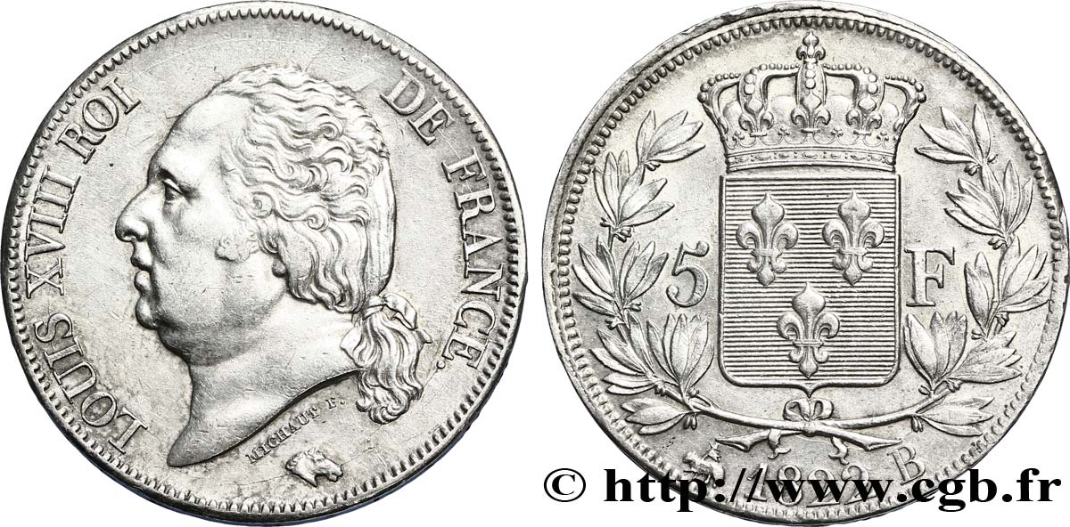 5 francs Louis XVIII, tête nue 1822 Rouen F.309/70 AU50 