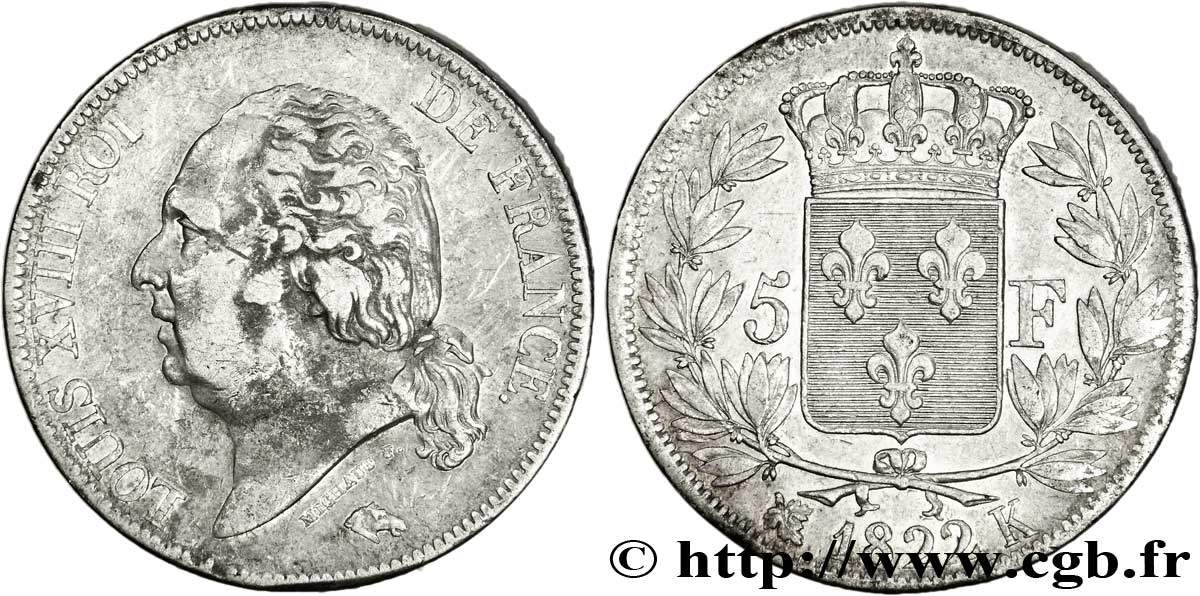 5 francs Louis XVIII, tête nue 1822 Bordeaux F.309/82 SS40 
