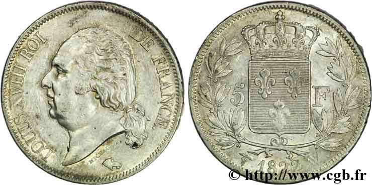 5 francs Louis XVIII, tête nue 1822 Lille F.309/75 TTB50 