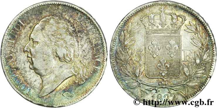 5 francs Louis XVIII, tête nue 1822 Lille F.309/75 TTB45 