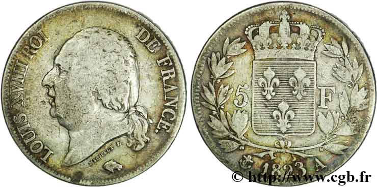 5 francs Louis XVIII, tête nue 1823 Paris F.309/76 TB18 