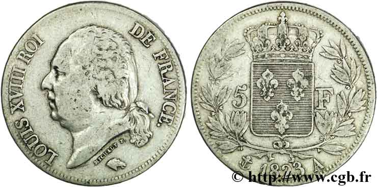 5 francs Louis XVIII, tête nue 1823 Paris F.309/76 VF25 