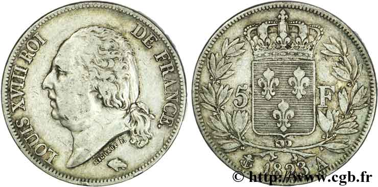 5 francs Louis XVIII, tête nue 1823 Paris F.309/76 TB30 