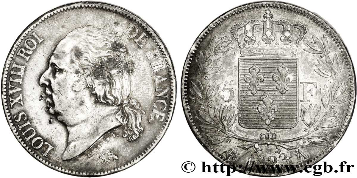 5 francs Louis XVIII, tête nue 1823 Paris F.309/76 TTB48 