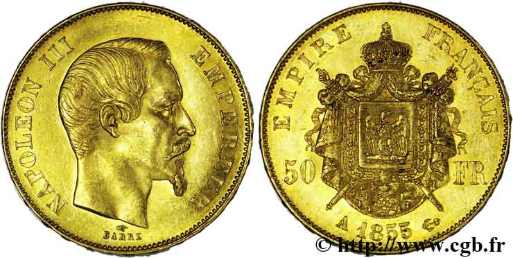 50 francs or Napoléon III, tête nue 1855 Paris F.547/1 AU55 