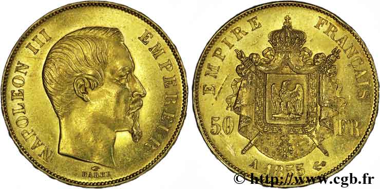 50 francs or Napoléon III, tête nue 1855 Paris F.547/1 SPL58 