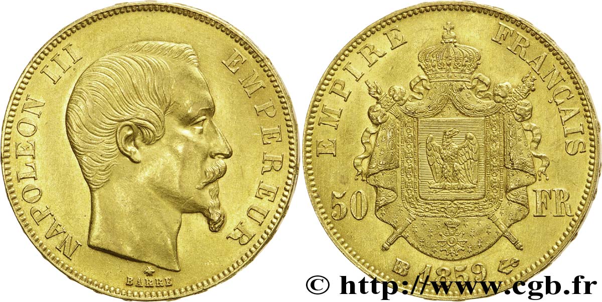 50 francs or Napoléon III, tête nue 1859 Strasbourg F.547/8 MBC53 