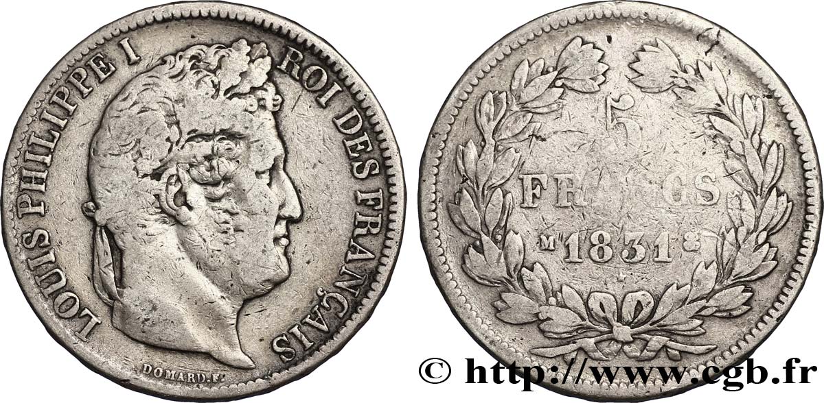 5 francs Ier type Domard, tranche en relief 1831 Toulouse F.320/9 VF20 