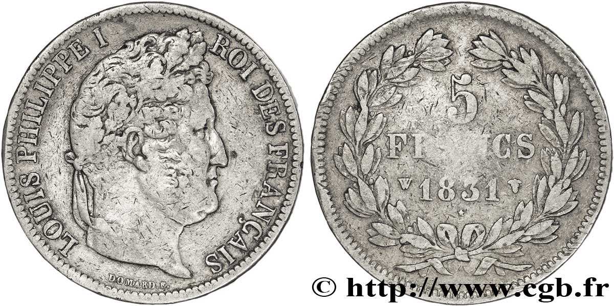 5 francs Ier type Domard, tranche en relief 1831 Lille F.320/13 S30 