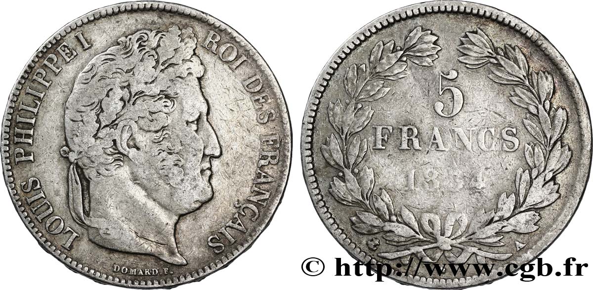 5 francs IIe type Domard 1834 Paris F.324/29 MB20 