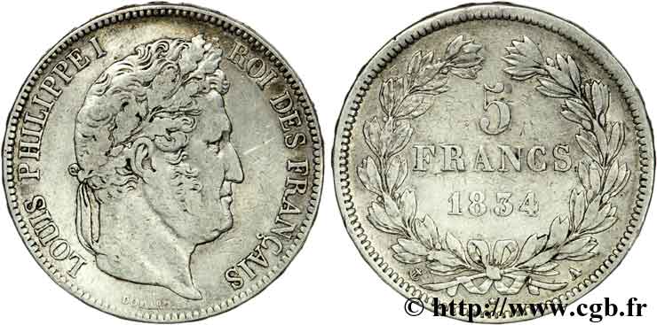 5 francs IIe type Domard 1834 Paris F.324/29 TB25 