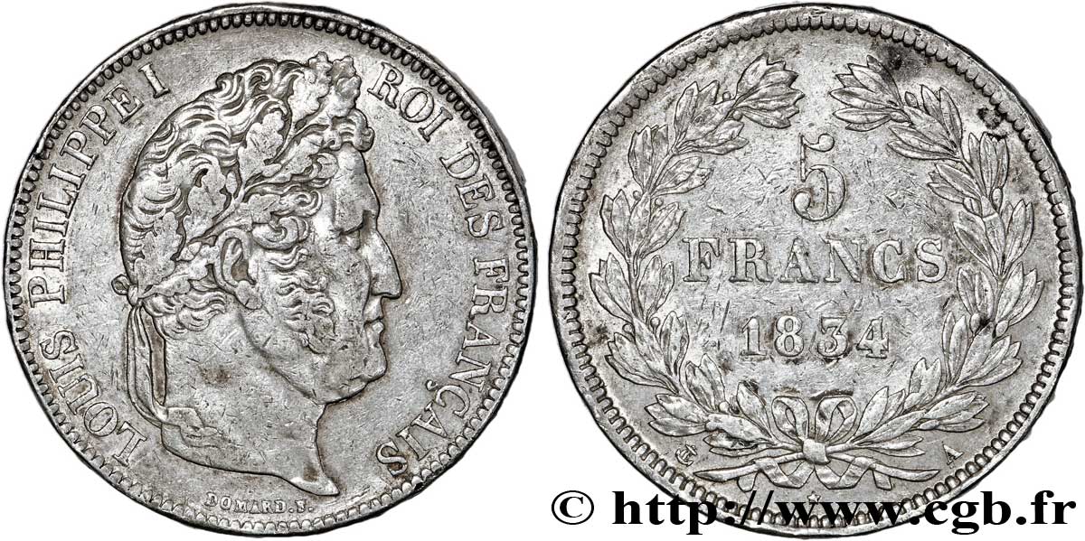 5 francs IIe type Domard 1834 Paris F.324/29 TTB50 