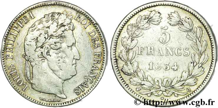 5 francs IIe type Domard 1834 Perpignan F.324/39 VF22 
