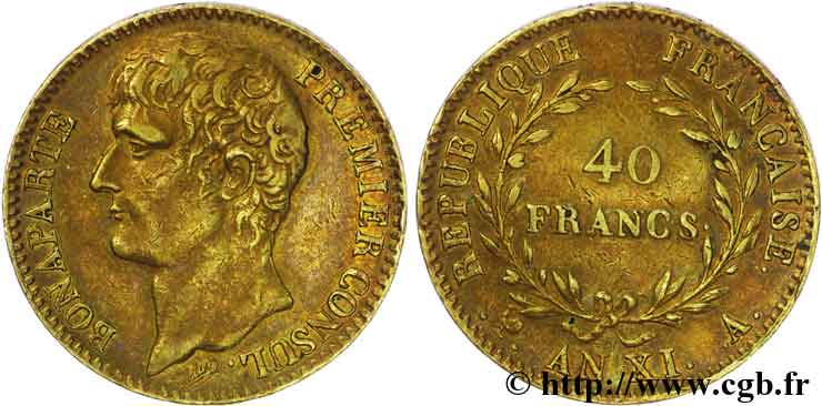 40 francs or Bonaparte, Premier Consul 1803 Paris F.536/1 XF45 