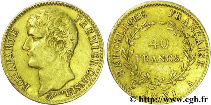 40 francs or Bonaparte, Premier Consul 1803 Paris F.536/1 SS45 