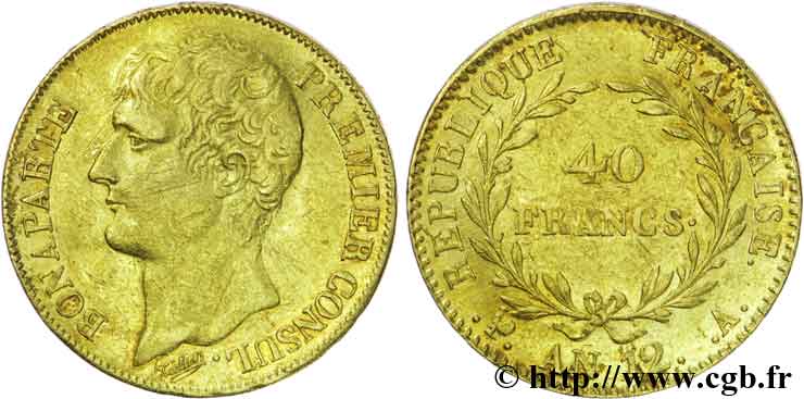 40 francs or Bonaparte, Premier Consul, 150 / 100 1804 Paris F.536/5 XF40 
