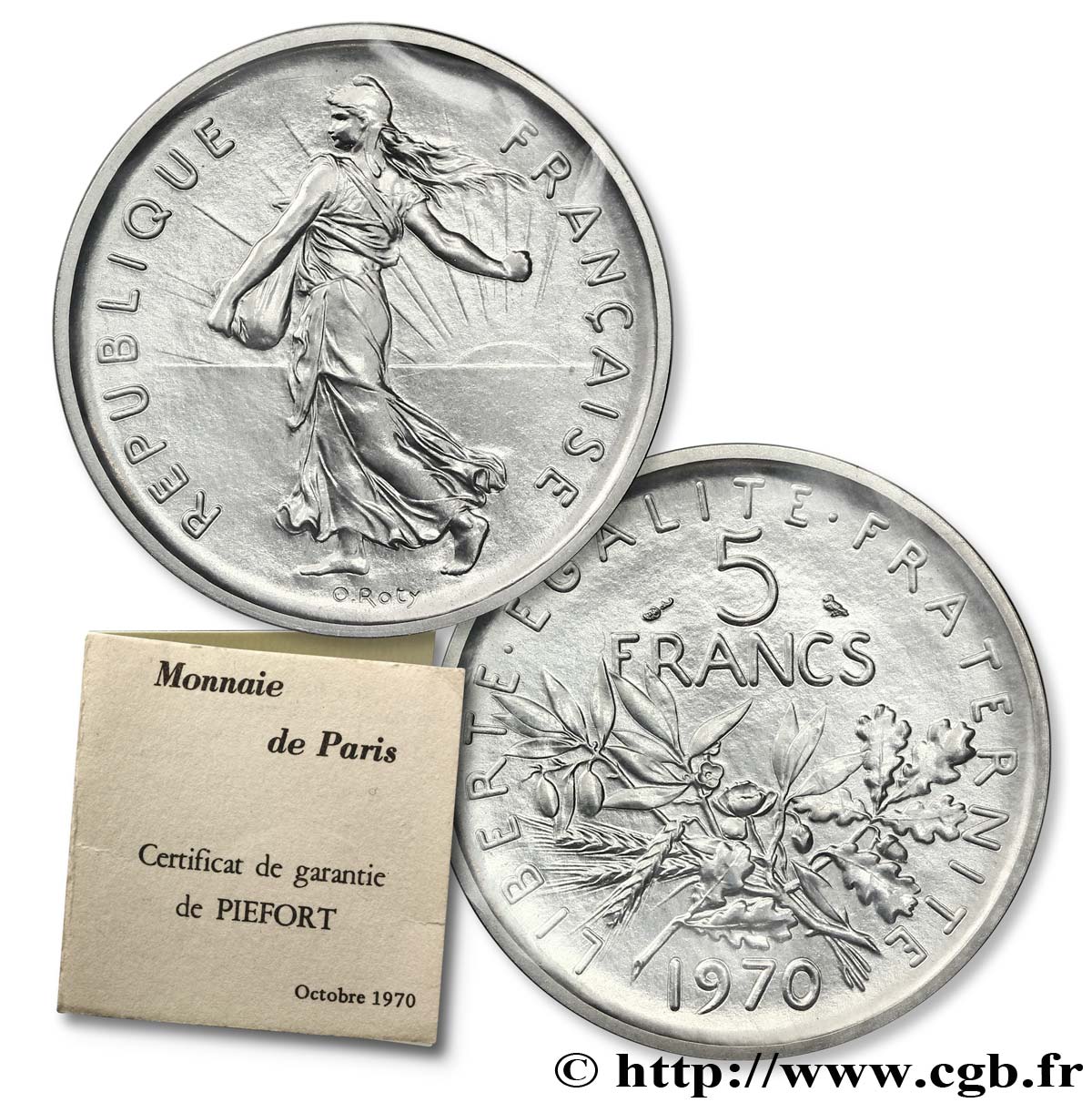 Piéfort Cu-Ni de 5 francs Semeuse, nickel 1970 Paris F.341/2P MS70 