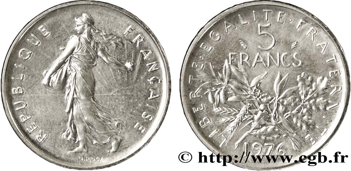 Piéfort argent de 5 francs Semeuse, nickel 1976 Pessac F.341/8P MS64 