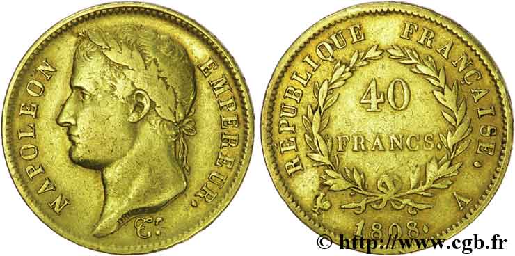 40 francs or Napoléon tête laurée, République française 1808 Paris F.540/2 S30 