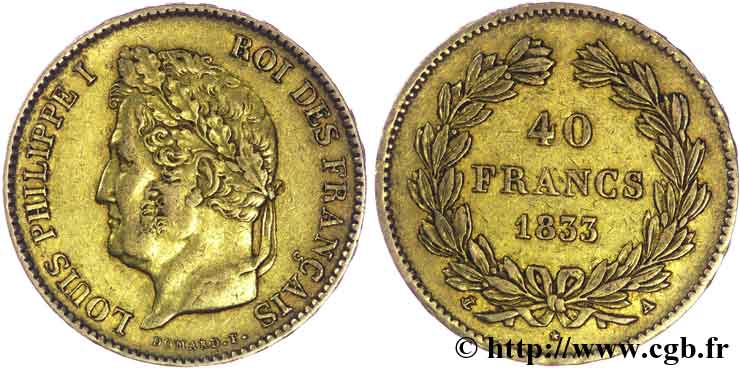 40 francs or Louis-Philippe 1833 Paris F.546/5 MBC45 