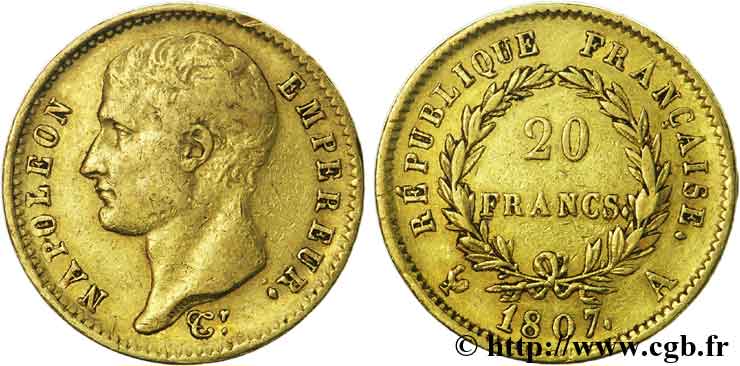 20 francs or Napoléon tête nue, type transitoire 1807 Paris F.514/1 TTB40 