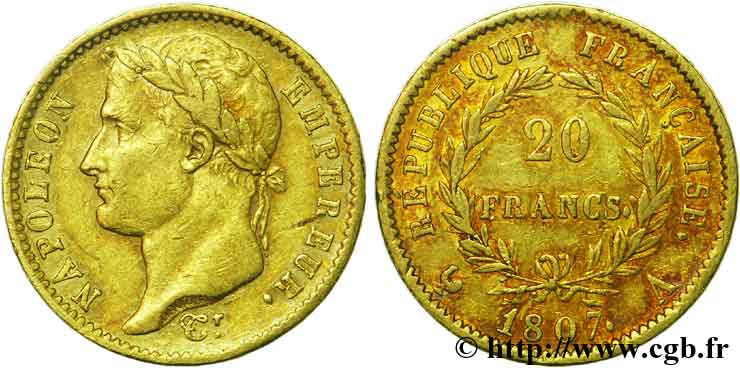 20 francs or Napoléon tête laurée, République française 1807 Paris F.515/1 SS45 