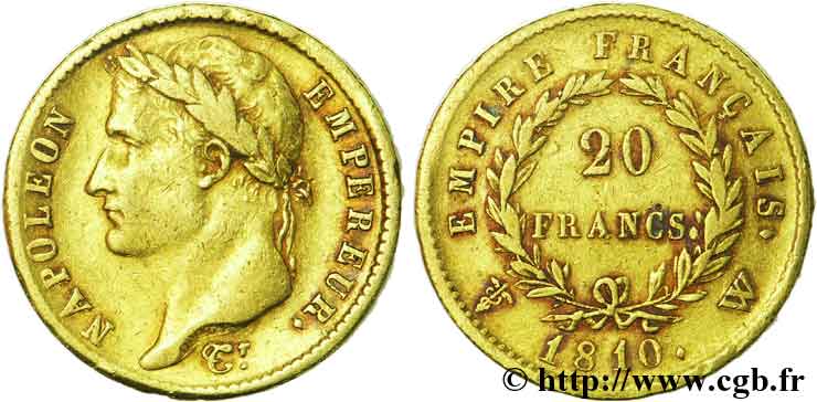20 francs or Napoléon tête laurée, Empire français 1810 Lille F.516/15 MBC40 