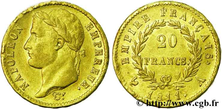 20 francs or Napoléon tête laurée, Empire français 1811 Paris F.516/16 AU50 