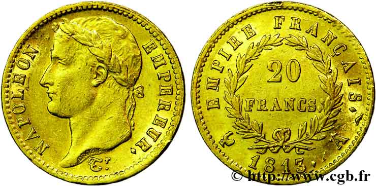 20 francs or Napoléon tête laurée, Empire français 1813 Paris F.516/30 AU50 