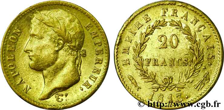 20 francs or Napoléon tête laurée, Empire français 1813 Utrecht F.516/37 MBC48 