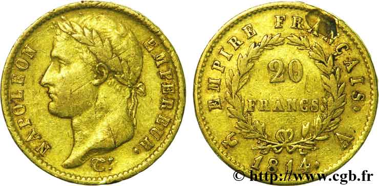 20 francs or Napoléon tête laurée, Empire français, problème de laminage 1814 Paris F.516/39 BC35 