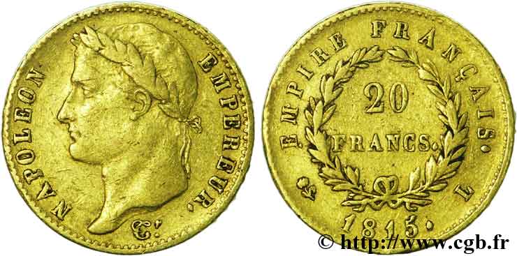 20 francs or Napoléon tête laurée, Empire français 1815 Bayonne F.516A/2 VF30 