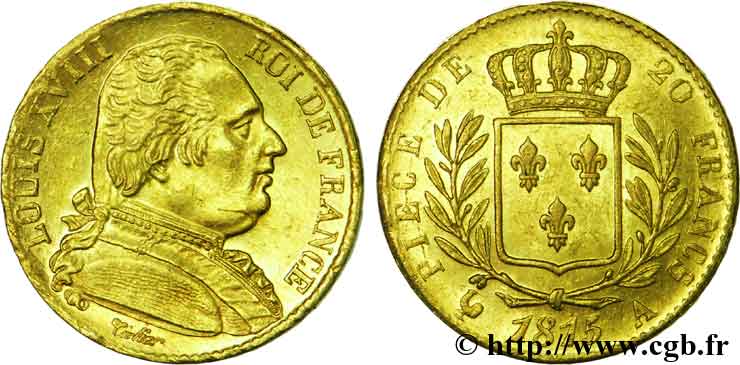 20 francs or Louis XVIII, buste habillé 1815 Paris F.517/10 AU55 