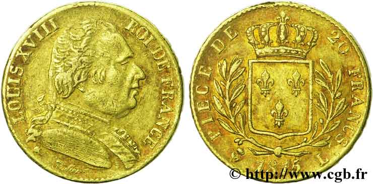 20 francs or Louis XVIII, buste habillé 1815 Bayonne F.517/15 TTB45 