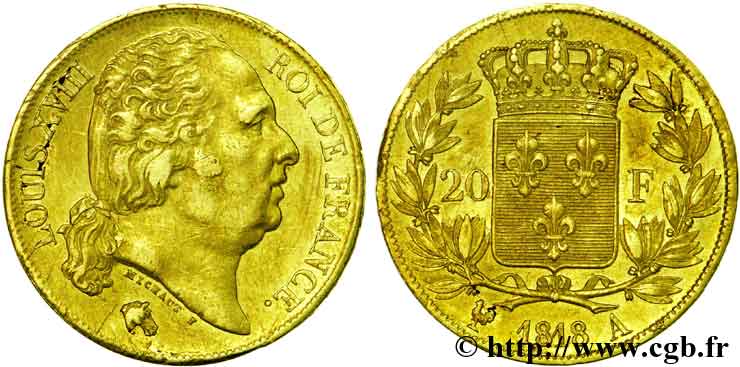 20 francs or Louis XVIII, tête nue, désaxé 1818 Paris F.519/10 TTB50 