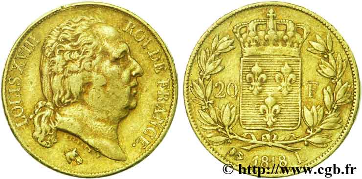 20 francs or Louis XVIII, tête nue 1818 Bayonne F.519/11 XF45 