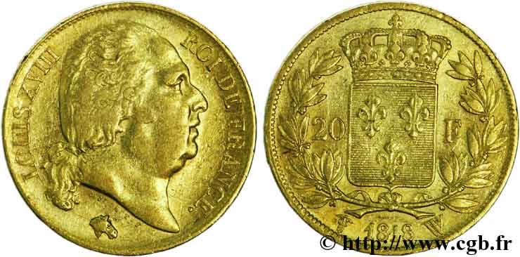 20 francs or Louis XVIII, tête nue, coin cassé 1818 Lille F.519/14 MBC45 