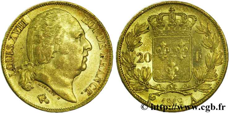 20 francs or Louis XVIII, tête nue, coin cassé 1819 Paris F.519/15 TTB50 